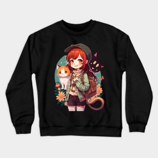 Cute Girl & Cats Kawaii Anime Orange and Black Cat Lovers Crewneck Sweatshirt